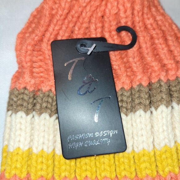 New Knit Striped Beanie Toboggan - Orange, Yellow, Brown, Cream - Picture 6 of 6